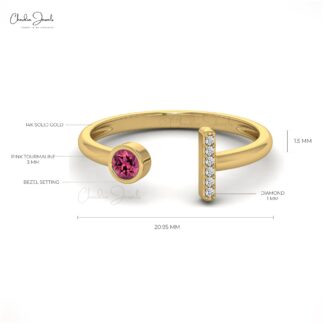 Natural Pink Tourmaline Open Cuff Ring With 0.17 Ct Gemstone And Dimond 14k Gold Jewelry