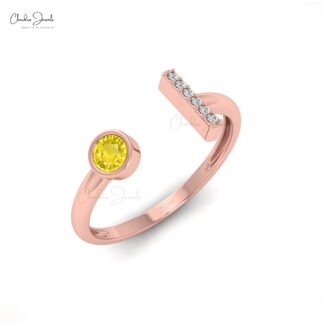 Bezel Set Split Shank Ring In 14k Solid Gold Yellow Sapphire And Diamond Fine Ring