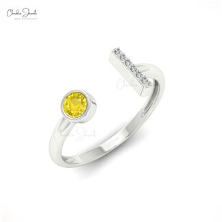 Bezel Set Split Shank Ring In 14k Solid Gold Yellow Sapphire And Diamond Fine Ring
