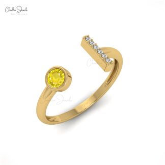 Bezel Set Split Shank Ring In 14k Solid Gold Yellow Sapphire And Diamond Fine Ring