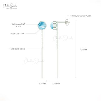 Genuine Luster Aquamarine Dainty Earrings in 14k Solid Gold March Birthstone Threader Earring