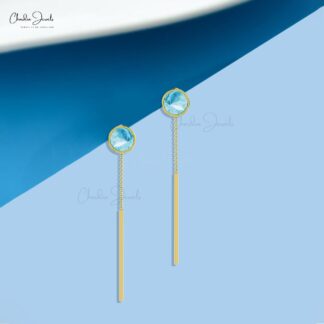 Genuine Luster Aquamarine Dainty Earrings in 14k Solid Gold March Birthstone Threader Earring