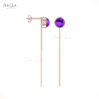 Solitaire Chain Earring in 14k Solid Gold Amethyst 4mm Gemstone Threader Earrings For Her