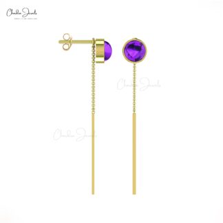 Solitaire Chain Earring in 14k Solid Gold Amethyst 4mm Gemstone Threader Earrings For Her