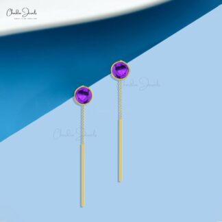 Solitaire Chain Earring in 14k Solid Gold Amethyst 4mm Gemstone Threader Earrings For Her