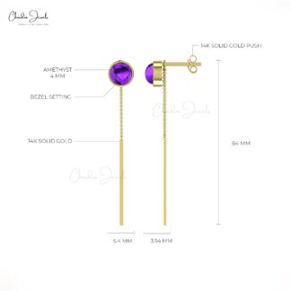 Solitaire Chain Earring in 14k Solid Gold Amethyst 4mm Gemstone Threader Earrings For Her
