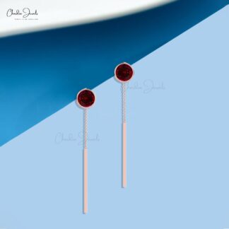 Real 14k Gold Threader Earrings With 0.70 Ct Red Garnet January Birthstone Earrings
