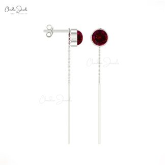 Real 14k Gold Threader Earrings With 0.70 Ct Red Garnet January Birthstone Earrings