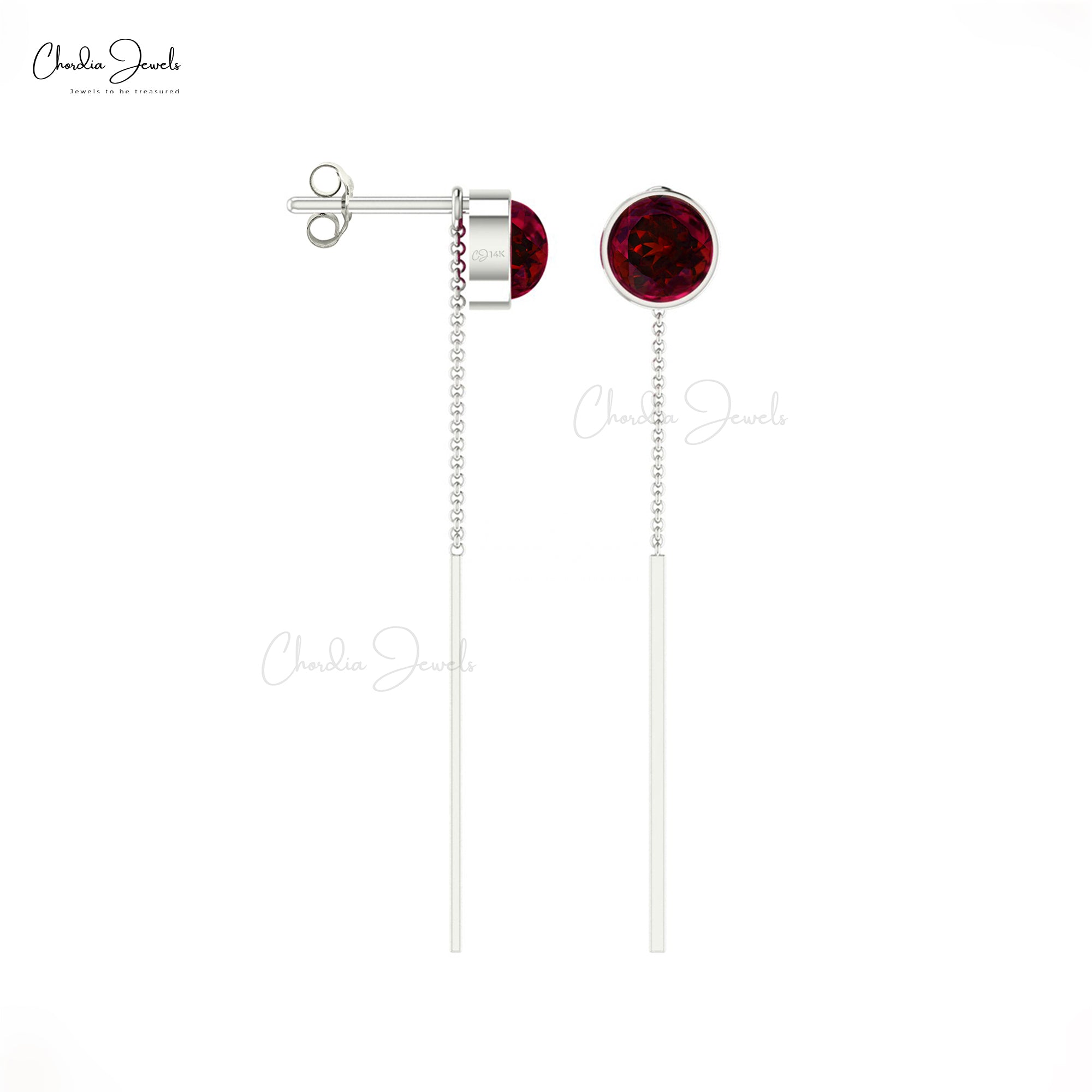 Real 14k Gold Threader Earrings With 0.70 Ct Red Garnet January Birthstone Earrings