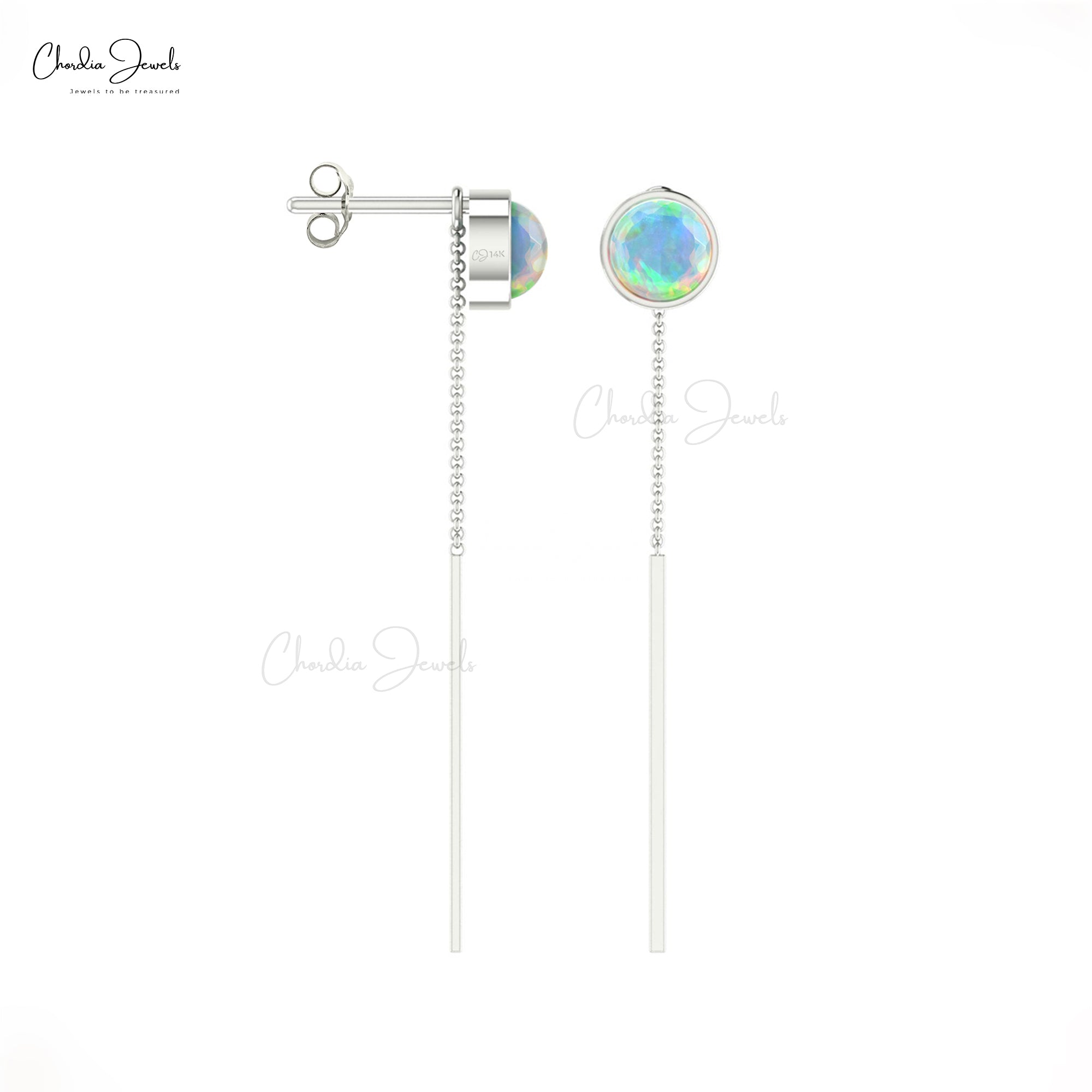 14k Real Gold With 0.32Ct Fire Opal Threader Chain Earrings For Women