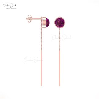 Single Stone Chain Earring With 4mm Rhodolite Garnet Bezel Set In 14k Gold Earrings