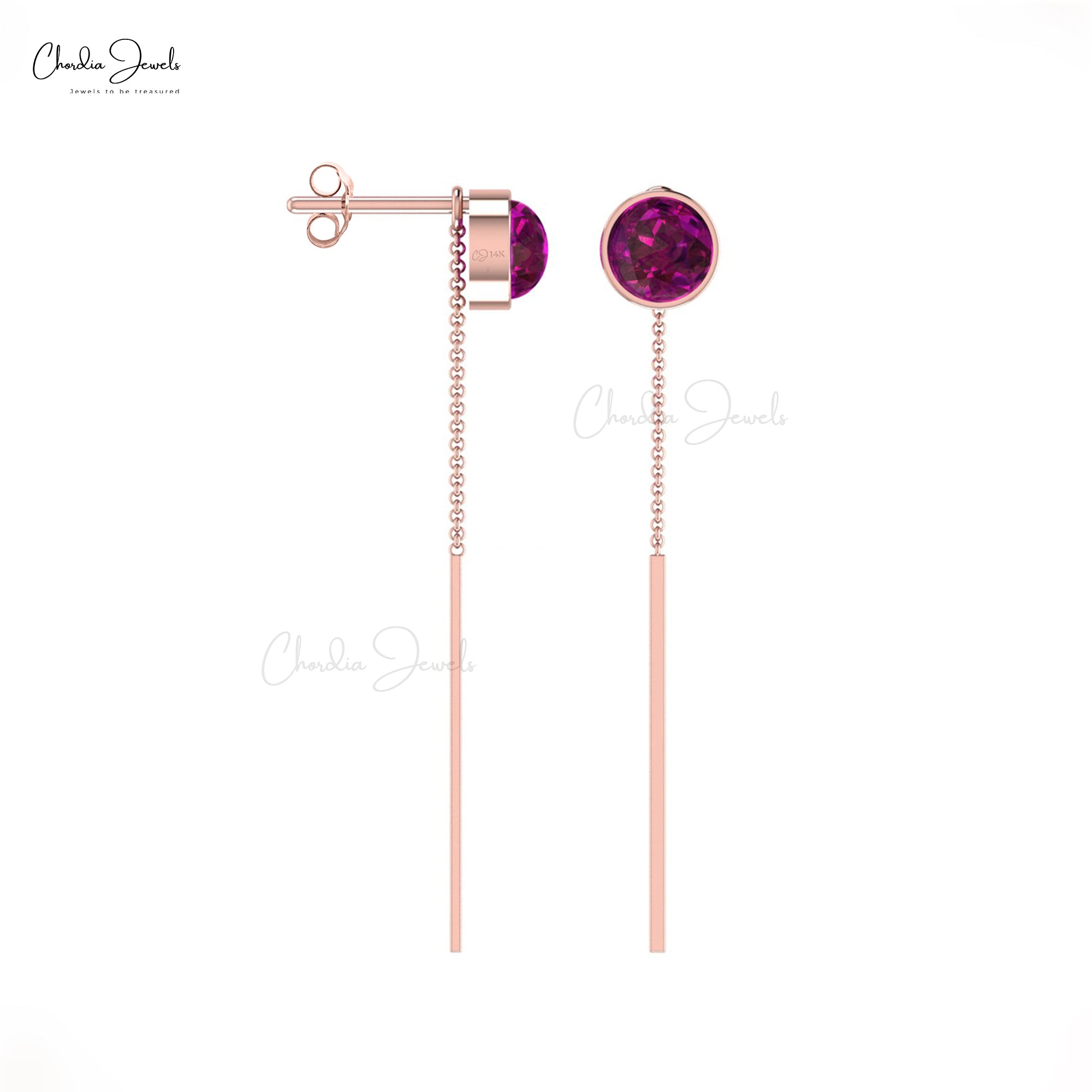 Single Stone Chain Earring With 4mm Rhodolite Garnet Bezel Set In 14k Gold Earrings