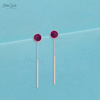 Single Stone Chain Earring With 4mm Rhodolite Garnet Bezel Set In 14k Gold Earrings