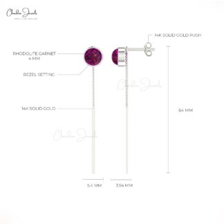 Single Stone Chain Earring With 4mm Rhodolite Garnet Bezel Set In 14k Gold Earrings