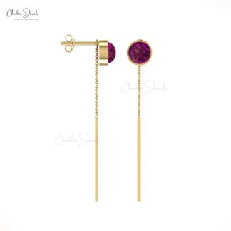 Single Stone Chain Earring With 4mm Rhodolite Garnet Bezel Set In 14k Gold Earrings