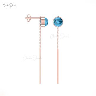 Brilliant Cut Threader Earring in Solid 14k Gold Swiss Blue Topaz Push Back Earrings