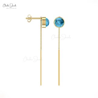 Brilliant Cut Threader Earring in Solid 14k Gold Swiss Blue Topaz Push Back Earrings