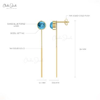 Brilliant Cut Threader Earring in Solid 14k Gold Swiss Blue Topaz Push Back Earrings