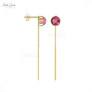 Round Pink Tourmaline Threader Earrings in 14k Real Gold Gemstone Minimalist Jewelry