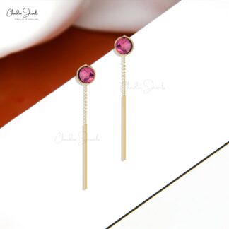 Round Pink Tourmaline Threader Earrings in 14k Real Gold Gemstone Minimalist Jewelry