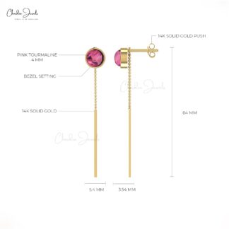 Round Pink Tourmaline Threader Earrings in 14k Real Gold Gemstone Minimalist Jewelry