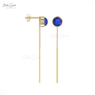 Threader Chain Earrings With 4mm Tanzanite Cabochon Bezel Set in 14k Real Gold Earring