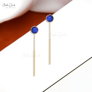 Threader Chain Earrings With 4mm Tanzanite Cabochon Bezel Set in 14k Real Gold Earring