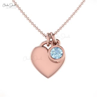 Round Aquamarine Solitaire Heart Necklace In 14k Real Gold