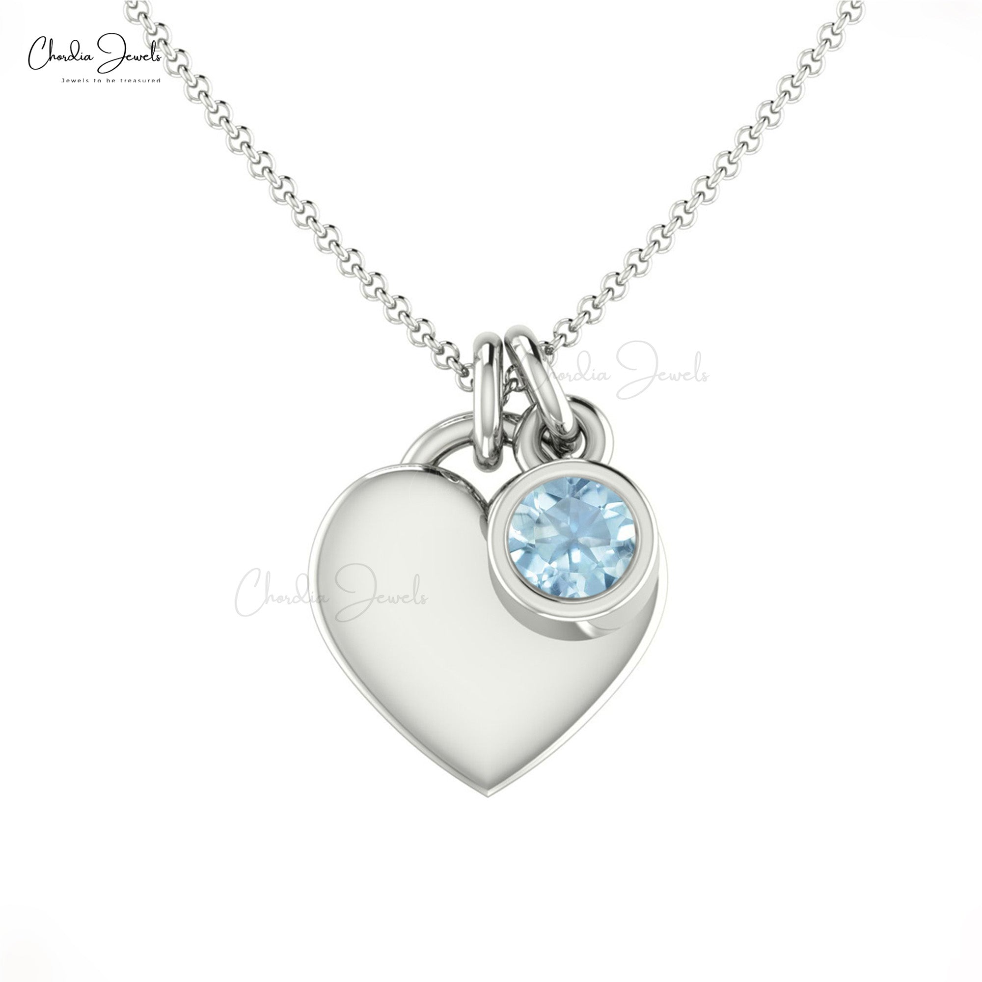 Round Aquamarine Solitaire Heart Necklace In 14k Real Gold