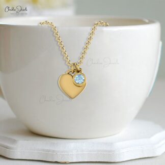Round Aquamarine Solitaire Heart Necklace In 14k Real Gold