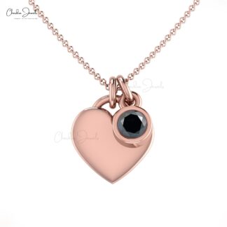 Round Cut Heart Shape Charm With 3mm Black Diamond Bezel Set In 14k Real Gold Necklace