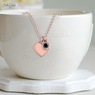 Round Cut Heart Shape Charm With 3mm Black Diamond Bezel Set In 14k Real Gold Necklace