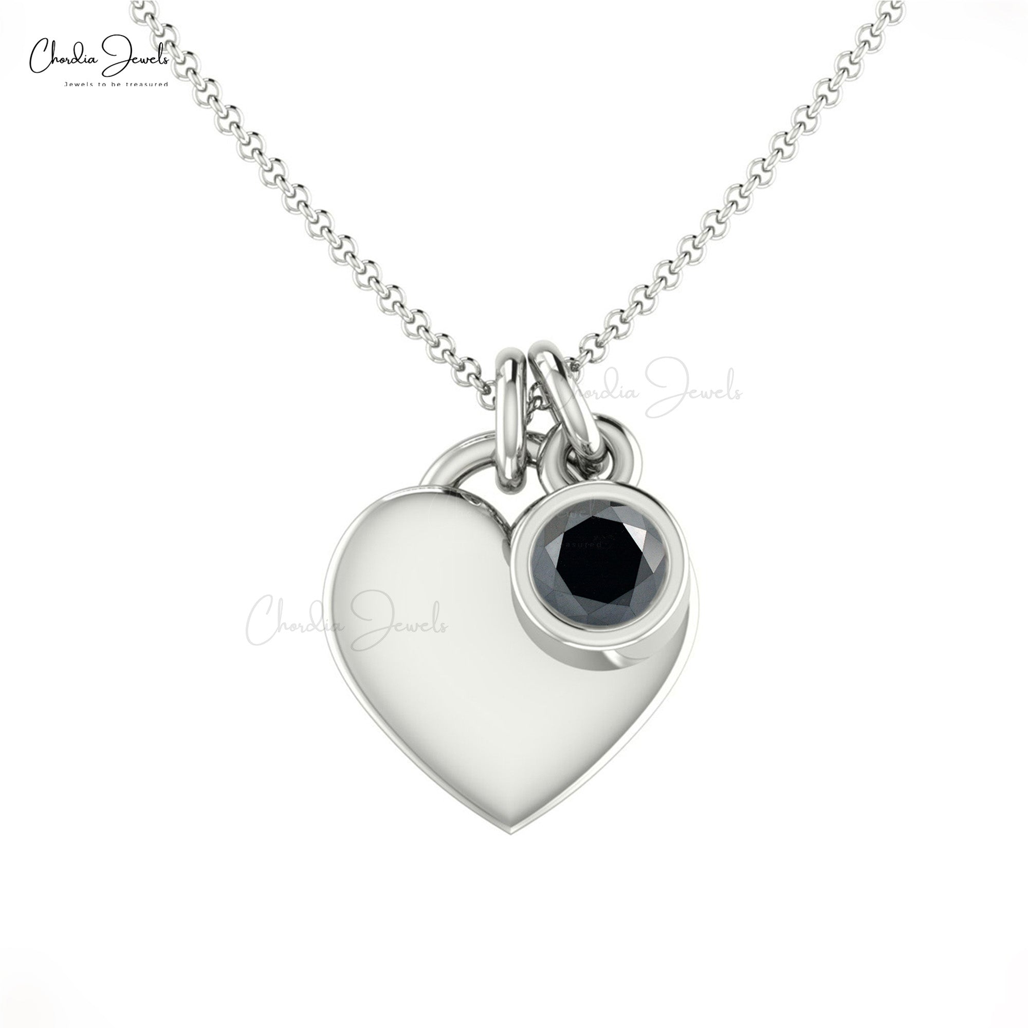 Round Cut Heart Shape Charm With 3mm Black Diamond Bezel Set In 14k Real Gold Necklace