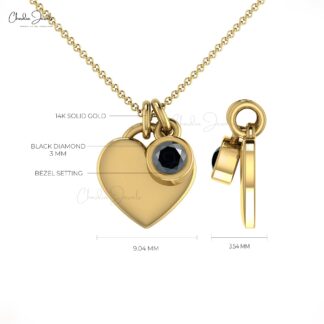 Round Cut Heart Shape Charm With 3mm Black Diamond Bezel Set In 14k Real Gold Necklace