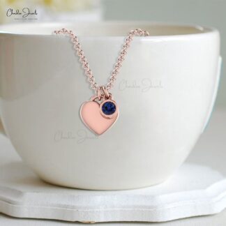 Single Gemstone Charm In 14k Solid Gold Blue Sapphire Heart Shaped Women Necklace