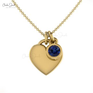 Single Gemstone Charm In 14k Solid Gold Blue Sapphire Heart Shaped Women Necklace