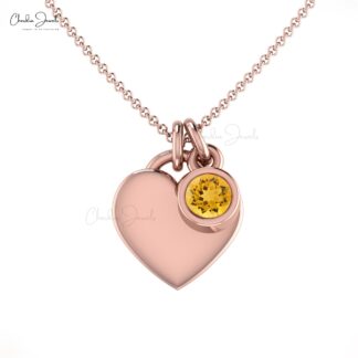 Pure 14k Gold Love Heart Necklace In Round Citrine Gemstone Handmade Fine Jewelry