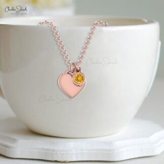 Pure 14k Gold Love Heart Necklace In Round Citrine Gemstone Handmade Fine Jewelry