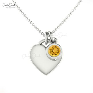 Pure 14k Gold Love Heart Necklace In Round Citrine Gemstone Handmade Fine Jewelry