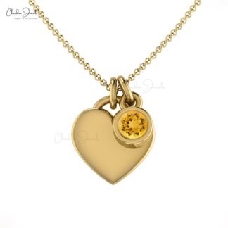 Pure 14k Gold Love Heart Necklace In Round Citrine Gemstone Handmade Fine Jewelry
