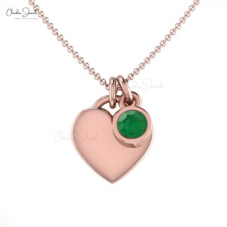 Solid 14k Gold Heart Shape Necklace With 3mm Zambian Emerald Bezel Set Necklaces