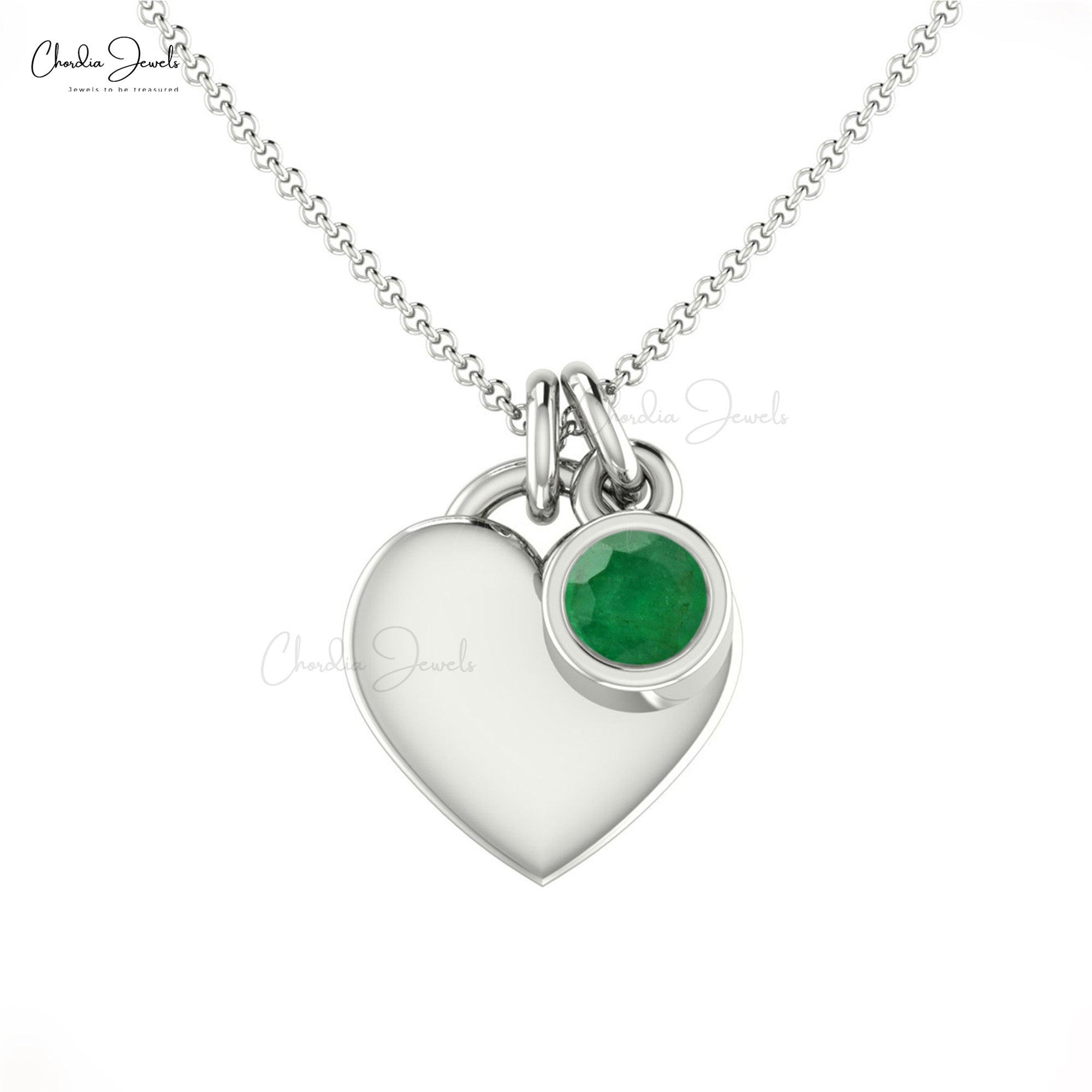Solid 14k Gold Heart Shape Necklace With 3mm Zambian Emerald Bezel Set Necklaces