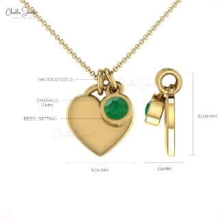 Solid 14k Gold Heart Shape Necklace With 3mm Zambian Emerald Bezel Set Necklaces