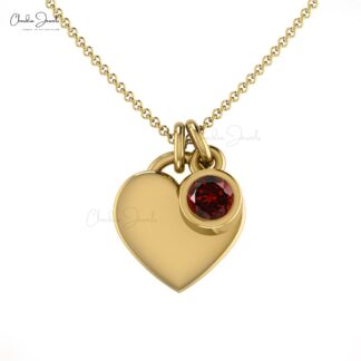 Natural Garnet Heart Charm Necklace In 14k Solid Gold