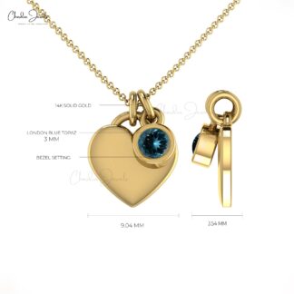 Bezel Set Single Stone Charm in 14k Solid Gold London Blue Topaz Gemstone Love Necklace