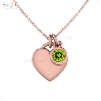 Brilliant Cut Heart Shape Charm With 14k Real Gold Peridot 3mm Gemstone Love Necklace