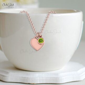 Brilliant Cut Heart Shape Charm With 14k Real Gold Peridot 3mm Gemstone Love Necklace