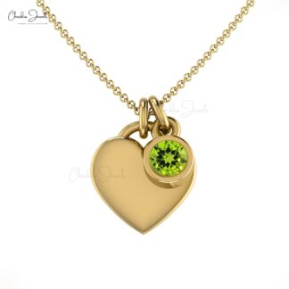 Brilliant Cut Heart Shape Charm With 14k Real Gold Peridot 3mm Gemstone Love Necklace