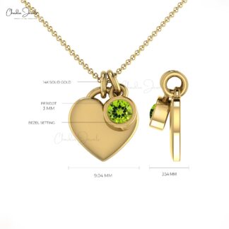 Brilliant Cut Heart Shape Charm With 14k Real Gold Peridot 3mm Gemstone Love Necklace