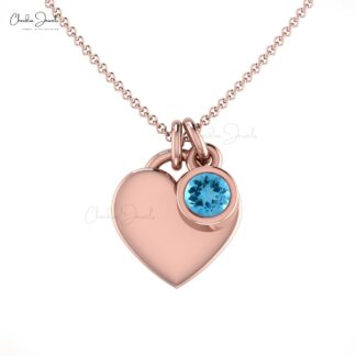 Round Cut Bezel Set Chain Necklace in 14k Solid Gold Swiss Blue Topaz Fine Jewelry